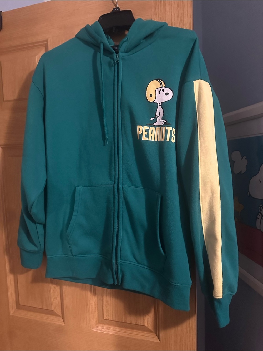 Peanuts Green Zip-Up Hoodie with Yellow Sleeve Stripe